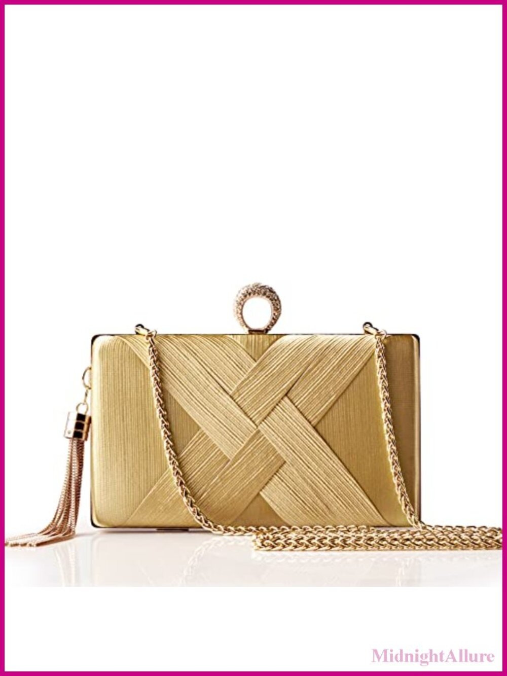 Rhinestone Satin Evening Clutch with Tassel Pendant & Cross Strap